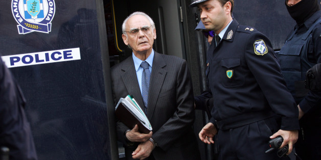 TO GO WITH AFP STORY BY HELENE COLLIOPOULOUFormer Greek Defence minister Akis Tsohatzopoulos, arrives for a court trial in Athens on April 22, 2013. The prominent Greek 73-year-old socialist ex-minister, accused of money laundering over controversial arms deals, is currently in jail in Korydallos prison in Athens' western suburb. On the outskirts of the Greek capital, the high-security prison of Korydallos has traditionally held the country's most feared convicts. But in the wake of the crisis g