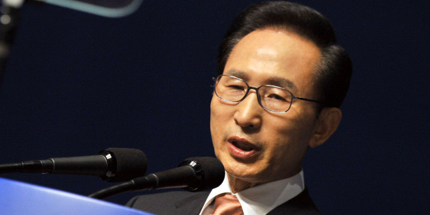 South Korean President Lee Myung-bak delivers a speech during a ceremony marking Liberation Day, the anniversary of the end of Japan's colonial rule over Korea for 1910-45, in Seoul, South Korea, on Wednesday, Aug. 15, 2012. (AP Photo/Jung Yeon-je, Pool)