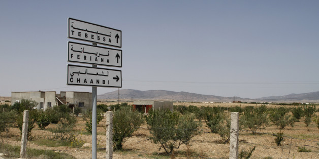 In this photo taken on June 25, 2013 a road sign shows the direction to the Algerian city of Tebessa with the mountains of Jebel Chaambi in the distance. Gunmen ambushed a Tunisian army patrol Monday July 29, 2013 in a mountainous border region known as a militant stronghold, killing at least eight soldiers, the presidential spokesman said. (AP Photo/Paul Schemm)