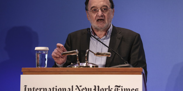 Greece's energy and environment minister Panagiotis Lafazanis addresses the audience during an energy conference in Athens, on Wednesday, March 11, 2015. Lafazanis said his new government is "radically opposed" to the privatization of "strategic sectors and businesses," particularly in the energy and infrastructure sectors. (AP Photo/Yorgos Karahalis)