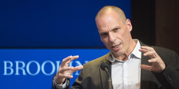 Greek Finance Minister Yanis Varoufakis speaks at the Brookings Institution in Washington, Thursday, April 16, 2015. (AP Photo/Kevin Wolf)