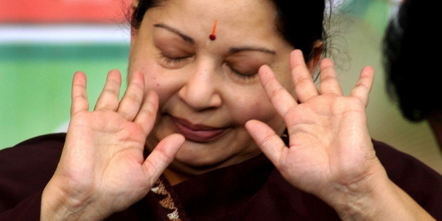 All India Anna Dravida Munnetra Kazhagam (AIADMK) party chief Jayalalitha gestures during a hunger strike in Chennai, India, Sunday, March. 18, 2007.Jayalalithaa Sunday went on a one-day token fast demanding notification of the Cauvery Water Disputes Tribunal's final award in the Central gazette, amidst chaos and unruly scenes around the venue here according to a news agency. (AP Photo/M. Lakshman)