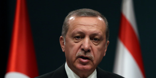 Turkish President Recep Tayyip Erdogan speaks to the media after talks with newly elected Turkish Cypriot leader Mustafa Akinci in Ankara, Turkey, Wednesday, May 6, 2015. Akinci is in Ankara on a one-day official visit.(AP Photo/Burhan Ozbilici)