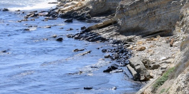 This photo provided by the Santa Barbara County Fire Department shows an oil slick from a broken pipeline off the central California coast near Santa Barbara on Tuesday, May 19, 2015. Capt. Dave Zaniboni of the Santa Barbara County Fire Department says the pipeline on the land near Refugio State Beach broke Tuesday and spilled oil into a culvert that ran under the U.S. 101 freeway and into the ocean. (Mike Eliason/Santa Barbara County Fire Department via AP)