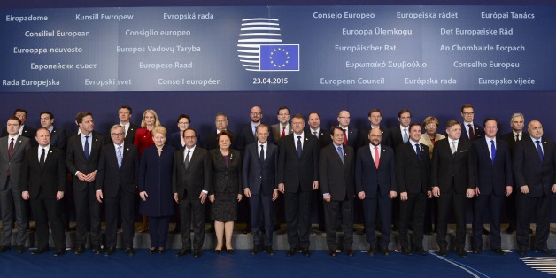 European heads of state and government (Back, from L) Italian Prime minister Matteo Renzi, Greek Prime Minister Alexis Tsipras, Irish Prime minister Enda Kenny, Croatia Prime minister Zoran Milanovic, Danish Prime minister Helle Thorning Schmidt, Polish Prime minister Ewa Kopacz, Hungary Prime minister Viktor Orban, Belgian Prime minister Charles Michel, Spanish Prime minister Mariano Rajoy, Swedish Prime minister Stefan Lofven, Czech Prime minister Bohuslav Sobotka, Slovenian Prime minister Miror Cerar, Portuguese Prime minister Pedro Passos Coelho, German Chancellor Angela Merkel, Finnish Prime minister Alexander Stubb, Austrian Federal Chancellor Werner Faymann (front, from L) High Representative of the European Union for Foreign Affairs and Security Policy Frederica Mogherini, Estonian Prime minister Taavi Roivas, Maltese Prime minister Joseph Muscat, Dutch Prime minister Mark Rutte, EU Commission President Jean-Claude Juncker, Lithuania's President Dalia Grybauskaite, French President of Republic Francois Hollande, Latvian Prime minister Laimdota Straujuma, European council President Donald Tusk, Romanian Prime minister Klaus Werner Iohannis, Cyprus President of Republic Nicos Anastasiades, European Parliament President Martin Schulz, Luxembourg's Prime minister Xavier Bettel, Slovakian Prime minister Robert Fico, Britain Prime minister David Cameron, Bulgarian Prime minister Boiko Borissov and, European Council Secretary-General Uwe Corsepius pose for a family photo during a European Union summit at the EU headquarters in Brussels on April 23, 2015. EU leaders gathering in Brussels on April 23 will consider launching a military operation against human traffickers in Libya, held responsible for deaths of hundreds of migrants this year in the Mediterranean, a draft statement showed. AFP PHOTO / JOHN THYS (Photo credit should read JOHN THYS/AFP/Getty Images)