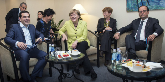 RIGA, LATVIA - MAY 21: In this handout photo provided by the German Government Press Office (BPA), (L-R) German Chancellor Angela Merkel, Greek Prime Minister Alexis Tsipras and French President Francois Hollande at the beginning of their meeting at the sidelines of the EU summit The Eastern Partnership on May 21, 2015 in Riga, Latvia. (Photo by Guido Bergmann/Bundesregierung via Getty Images)