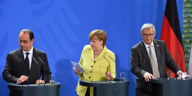 (L-R) French President Francois Hollande, German Chancellor Angela Merkel and European Commission President Jean-Claude Juncker leave a press conference prior to talks with representatives of the of the European Round Table of Industrialists (ERT) on June 1, 2015 at the Chancellery in Berlin. The mini-summit brings the leaders of the eurozone's two biggest economies together with around 20 heads of large European companies to discuss the Greek debt crisis, the threat of Britain leaving the EU and economic challenges. AFP PHOTO / TOBIAS SCHWARZ (Photo credit should read TOBIAS SCHWARZ/AFP/Getty Images)