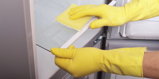 Gloved hands cleaning refrigerator.