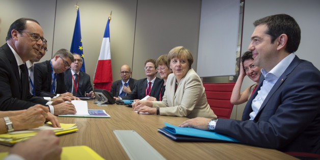 BRUSSEL, BELGIUM - JUNE 26: In this photo provided by the German Government Press Office (BPA), German Chancellor Angela Merkel, French President Francois Hollande (L) and Greek Prime Minister Alexis Tsipras (R) attend a meeting at the beginning of the second day of the European Summit on June 26, 2015 in Brussel, Belgium. (Photo by Guido Bergmann/Bundesregierung via Getty Images)