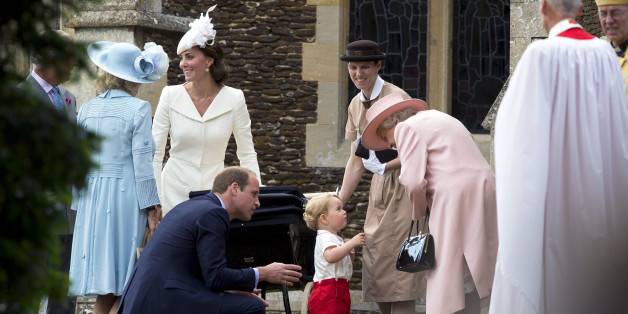 KING'S LYNN, ENGLAND - JULY 05: Queen Elizabeth II speaks to Prince George of Cambridge as Catherine, Duchess of Cambridge, Prince William, Duke of Cambridge and Princess Charlotte of Cambridge leave the Church of St Mary Magdalene on the Sandringham Estate after the Christening of Princess Charlotte of Cambridge on July 5, 2015 in King's Lynn, England. (Photo by Matt Dunham - WPA Pool/Getty Images)