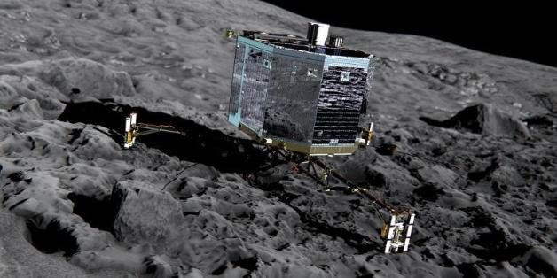 Vue d'artiste fournie le 20 décembre 2013 par l'ESA montrant le robot Philae sur la comète 67P/Churyumov-Gerasimenko ("Tchouri")