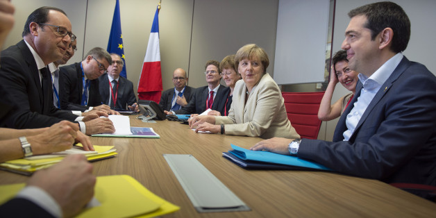 BRUSSEL, BELGIUM - JUNE 26: In this photo provided by the German Government Press Office (BPA), German Chancellor Angela Merkel, French President Francois Hollande (L) and Greek Prime Minister Alexis Tsipras (R) attend a meeting at the beginning of the second day of the European Summit on June 26, 2015 in Brussel, Belgium. (Photo by Guido Bergmann/Bundesregierung via Getty Images)