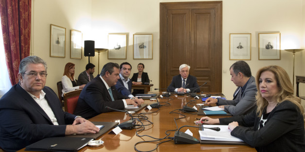 From left to right, General Secretary of the Greek Communist Party Dimitris Koutsoubas, leader of Independent Greeks party Panos Kammenos, Prime Minister Alexis Tsipras and Greek President Prokopis Pavlopoulos, Potami party Stavros Theodorakis and PASOK Socialist party leader Fofi Gennimata attend a meeting of political party leaders in Athens, on Monday, July 6, 2015. Greeceâs finance minister has resigned following Sundayâs referendum in which the majority of voters said ânoâ to more austerity measures in exchange for another financial bailout. (AP Photo/Petros Giannakouris)