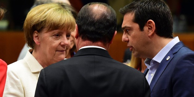 (From L) German Chancellor Angela Merkel, French President Francois Hollande, and Greek Prime Minister Alexis Tsipras confer prior to the start of a summit of Eurozone heads of state in Brussels on July 12, 2015. The EU cancelled a full 28-nation summit to decide whether Greece stays in the European single currency as a divided eurozone struggled to reach a reform-for-bailout deal. AFP PHOTO / JOHN MACDOUGALL (Photo credit should read JOHN MACDOUGALL/AFP/Getty Images)