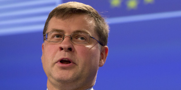 European Commission Vice-President Valdis Dombrovskis speaks during a media conference at EU headquarters in Brussels on Wednesday, July 1, 2015. The eurozone's finance ministers are set to weigh a last-minute Greek proposal for a new aid program, submitted Tuesday afternoon, in a conference call which will take place on Wednesday. (AP Photo/Virginia Mayo)