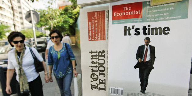 U.S. Presidential candidate Sen. Barack Obama is seen on the cover of The Economist magazine, on display at a kiosk in the Hamra district, Beirut, Lebanon, Tuesday, Nov. 4, 2008. The race for the White House is attracting huge media coverage in Lebanon, as the long race for the White House nears its end on Tuesday. (AP Photo/Hussein Malla)
