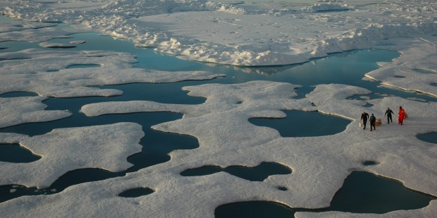 Scientists in an endless vista of ice, sea, and meltwater as seen from the USCG Icebreaker HEALY. Arctic Ocean, Canada Basin. July 22, 2005.
Photographer: Jeremy Potter NOAA/OAR/OER.
