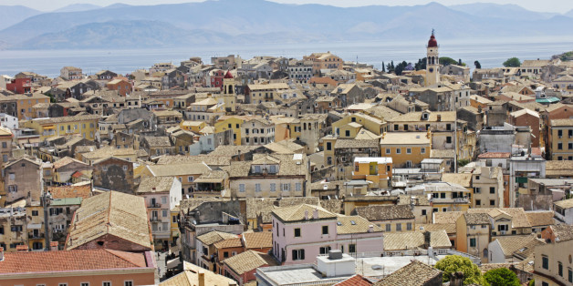 Many and varied buildings with a labyrinth of narrow streets in Corfu.
