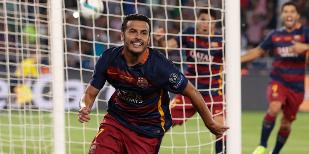 Barcelona's Pedro Rodriguezcelebrates after scoring his side's 5th goal during the UEFA Super Cup soccer match between FC Barcelona and Sevilla FC at the Boris Paichadze Dinamo Arena stadium, in Tbilisi, Georgia, on Wednesday, Aug. 12, 2015. (AP Photo/Ivan Sekretarev)