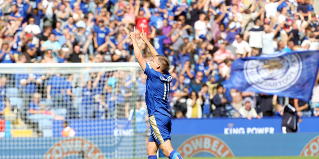 LEICESTER, ENGLAND - AUGUST 08: Marc Albrighton of Leicester City celebrates after scoring to make it 4-1 during the Barclays Premier League match between Leicester City and Sunderland at the King Power Stadium on August 08, 2015 in Leicester, England. (Photo by Plumb Images/Leicester City FC via Getty Images)