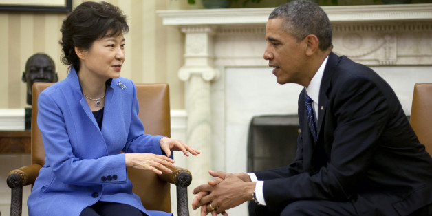 President Barack Obama, right, and South Korean President Park Geun-Hye, left, during their meeting in the Oval Office of the White House in Washington, Tuesday, May 7, 2013. (AP Photo/Pablo Martinez Monsivais)
