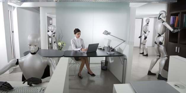 Businesswoman and Robots working at office