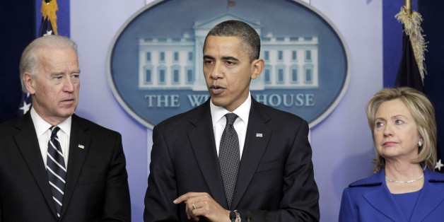 President Barack Obama, accompanied by Vice President Joe Biden, let, and Secretary of State Hillary Rodham Clinton, delivers a statement in the Brady Press Briefing room in the White House in Washington, Thursday, Dec. 16, 2010, on the Afghanistan-Pakistan Annual Review. (AP Photo/Pablo Martinez Monsivais)