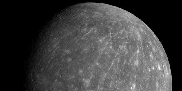 This Oct. 6, 2008 photo provided by NASA shows Mercury during the Messenger spacecraft's second flyby of the planet. (NASA, Johns Hopkins University Applied Physics Laboratory, Carnegie Institution of Washington via AP)