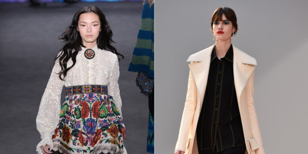 Während Anna Sui auf Folklore setzt (links), steht bei Céline der Hosenanzug hoch im Kurs