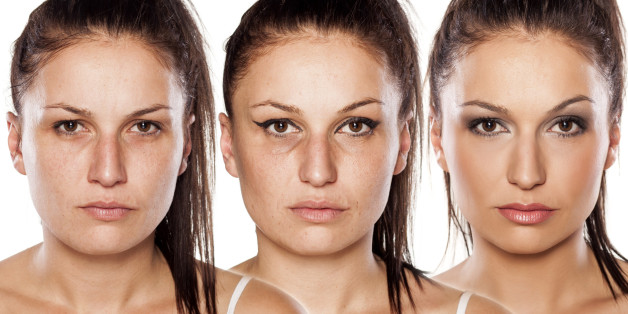 woman without , with wrong makeup and with right makeup