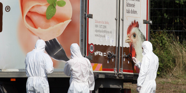 Investigators stand near a truck that stands on the shoulder of the highway A4 near Parndorf south of Vienna, Austria, Thursday, Aug 27, 2015. At least 20 migrants were found dead in the truck parked on the Austrian highway leading from the Hungarian border, police said. (AP Photo/Ronald Zak)