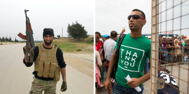 This combo picture shows, on the left, Syrian former rebel commander Laith Al Saleh, 30, posing with his assault rifle near his ravaged home city of Aleppo, Syria, in Jan. 2015, as on the right he waits to board an Athens-bound ferry on the Greek island of Kos on Saturday, Aug. 15, 2015. Al Saleh is one of the tens of thousands of Syrian men, women and children who, due to Europeâs impractical asylum policy, risk drowning to be smuggled into Greece by sea on frail, crammed dinghies, paying