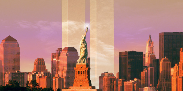 Digital composite: New York skyline, World Trade Center, Statue of Liberty