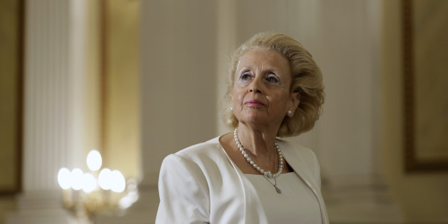 Vassiliki Thanou, 65, stands during a swearing in ceremony at the Presidential Palace in Athens, Thursday, Aug. 27, 2015, to become Greece's first female prime minister. Greece came one step closer on Thursday to early elections with President Prokopis Pavlopoulos appointing the head of the country's Supreme Court as caretaker prime minister to lead the country to next month's polls.(AP Photo/Petros Giannakouris)