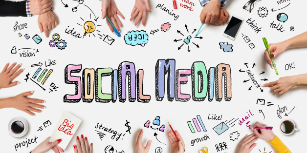 Business people group works at a table - Social Media Concept