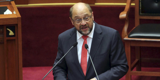 European Parliament President Martin Schulz speaks to the Albanian Parliament calling on authorities to speed upv their judiciary reforms, increase the fight against organized crime and corruption in their path toward joining the European Union one day, Tirana, Tuesday, July 14, 2015. (AP Photo/Hektor Pustina)