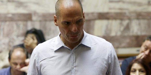 Parliament Member Yanis Varoufakis arrives for a meeting with lawmakers of Syriza governing party at the Greek Parliament in Athens, Wednesday, July 15, 2015. Greece's Prime Ministers Alexis Tsipras faced a rising wave of hostility from members of his own party Wednesday ahead of a parliament vote on an austerity bill that condemns the country to years of spending cuts but is required to get a new bailout package. (AP Photo/Petros Karadjias)
