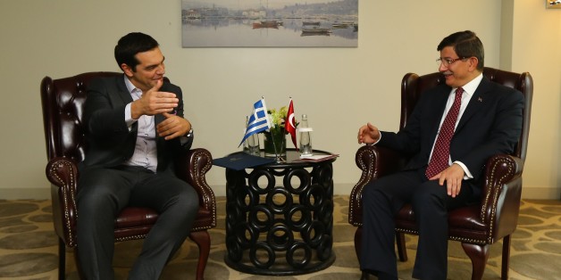 NEW YORK, USA - SEPTEMBER 29: Turkish Prime Minister Ahmet Davutoglu (R) and Greek Prime Minister Alexis Tsipras (L) hold a meeting in New York, USA on September 29, 2015. (Photo by Hakan Goktepe/Anadolu Agency/Getty Images)