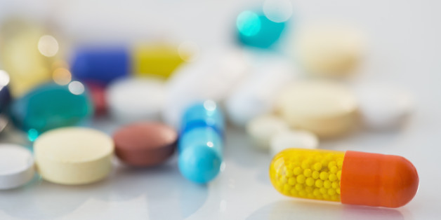 Studio shot of various pills in bottle
