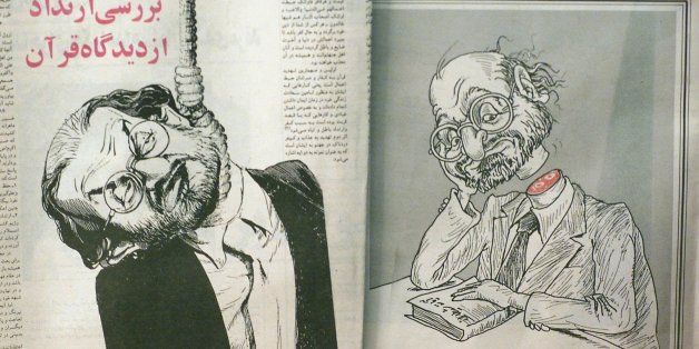 The hardline Iranian newspaper Islamic Revolution shows cartoons depicting British author Salman Rushdie on the eleventh anniversary of Iran's death sentence against him Monday Feb. 14, 2000 in Tehran. A hard-line Iranian foundation said it would add "accumulated interrest" to the 2.8 million dollars bounty that they were already offering on the author's head. Ayatollah Ruhollah Khomeini, issued a "fatwa" or Islamic edict on Feb. 14, 1989 ordering Muslims to seek out and kill Rushdie for insulting Islam in his novel "The Satanic Verses".(AP Photo/Enric Marti) <%% 0 PICTURE_OK HEADER_OK 2 1 %%>