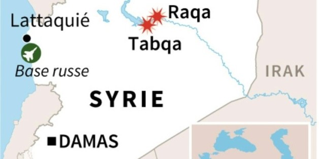 Syrie: carte de localisation des dernières frappes russes jeudi à Raqa et Taqba, en Syrie