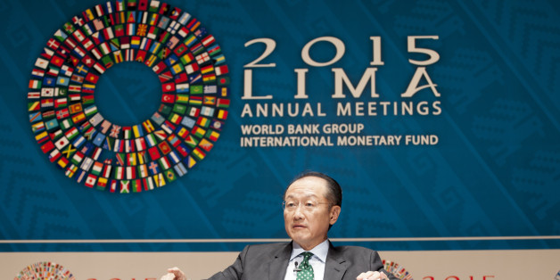 Jim Yong Kim, president of the World Bank Group, speaks at a panel discussion on climate change during the World Bank Group and International Monetary Fund (IMF) annual meetings in Lima, Peru, on Wednesday, Oct. 7, 2015. Aid for projects designed to help developing nations cut emissions and cope with global warming rose to $62 billion last year, suggesting richer nations are starting to make good on their promises to boost payments to $100 billion by 2020. Photographer: Guillermo Gutierrez/Bloomberg via Getty Images