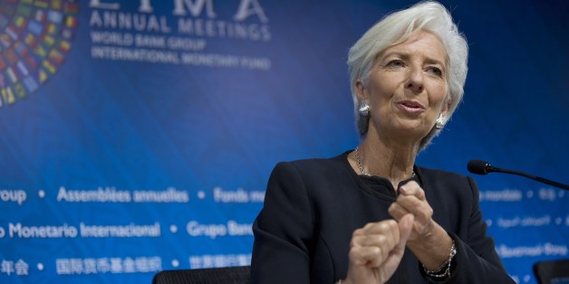 International Monetary Fund chief Christine Lagarde answers a question during a press conference, in Lima, Peru, Thursday, Oct. 8, 2015. The world's finance ministers and central bankers are in Lima for the joint annual meetings of the World Bank and IMF that run through Sunday. (AP Photo/Rodrigo Abd)