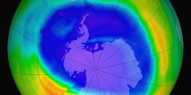 Edited NASA visualization of the South Pole and the ozone hold, which is shrinking recently.