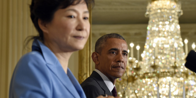 President Barack Obama and South Korean President Park Geun-hye take part in a joint news conference in the East Room of the White House in Washington, Friday, Oct. 16, 2015. (AP Photo/Susan Walsh)