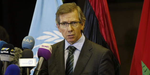 United Nations envoy for Libya Bernardino Leon gestures as he speaks to the media in Skhirat, Morocco, Wednesday, Oct. 7, 2015. U.N. envoy Bernardino Leon has been mediating peace talks between Libyaâs warring factions for months in hopes of restoring a central government, and expects to announce a national unity government in the coming days. (AP Photo/Abdeljalil Bounhar)