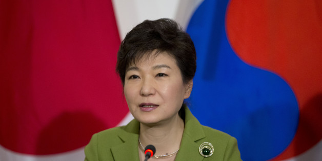 South Korean President Park Geun-hye speaks during a trilateral meeting with President Barack Obama and Japanese Prime Minister Shinzo Abe, Tuesday, March 25, 2014, at the US Ambassador's Residence in the Hague, Netherlands. (AP Photo/Pablo Martinez Monsivais)