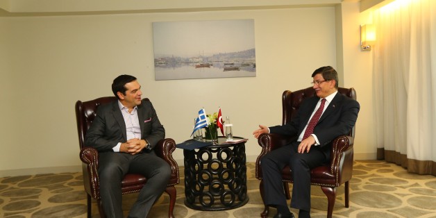 NEW YORK, USA - SEPTEMBER 29: Turkish Prime Minister Ahmet Davutoglu (R) and Greek Prime Minister Alexis Tsipras (L) hold a meeting in New York, USA on September 29, 2015. (Photo by Hakan Goktepe/Anadolu Agency/Getty Images)