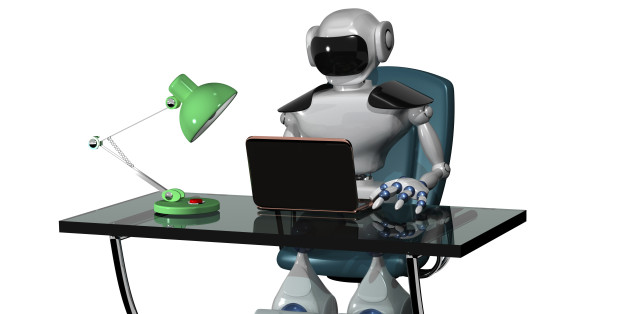 3d abstract illustration of a robot at the table