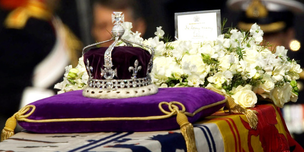 The Koh-i-noor, or "mountain of light," diamond, set in the Maltese Cross at the front of the crown made for Britain's late Queen Mother Elizabeth, is seen on her coffin, along with her personal standard, a wreath and a note from her daughter, Queen Elizabeth II, as it is drawn to London's Westminster Hall in this April 5, 2002 file photo. We've got it, we're keeping it. That was the essence of the British government's attitude in responding to Pakistan's request for the return of the fabled Koh